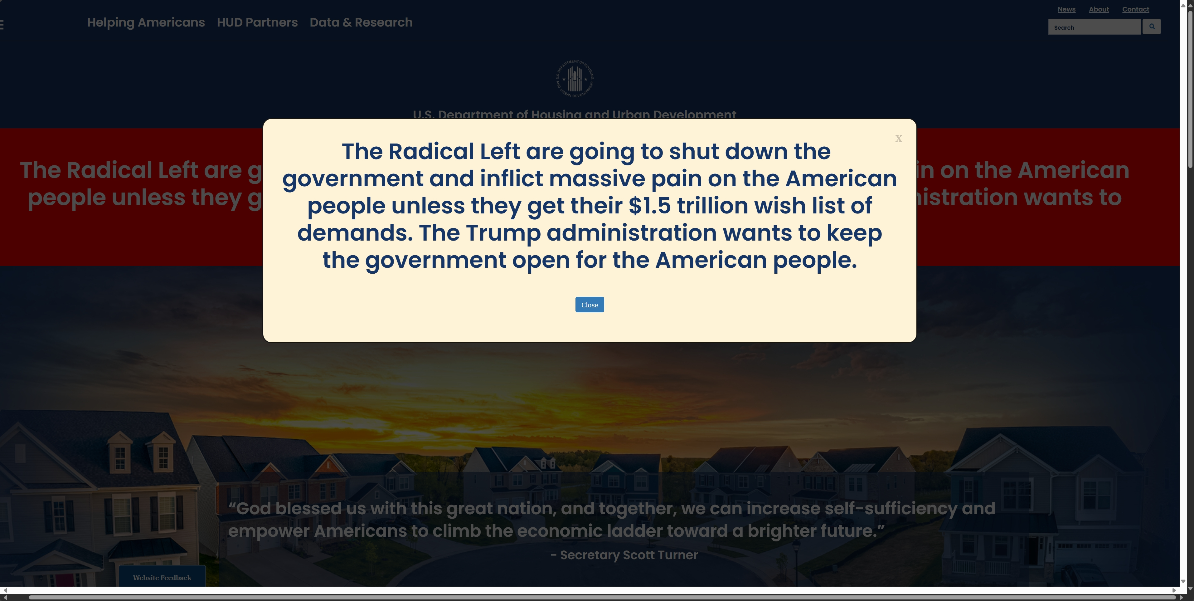 The website for the Department of Housing and Urban Development features a banner and popup message blaming the "Radical Left" for an impending government shutdown.